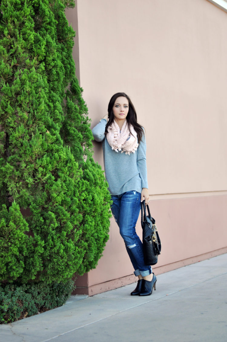 Booties, a scarf, boyfriend jeans and a cute leather tote for fall
